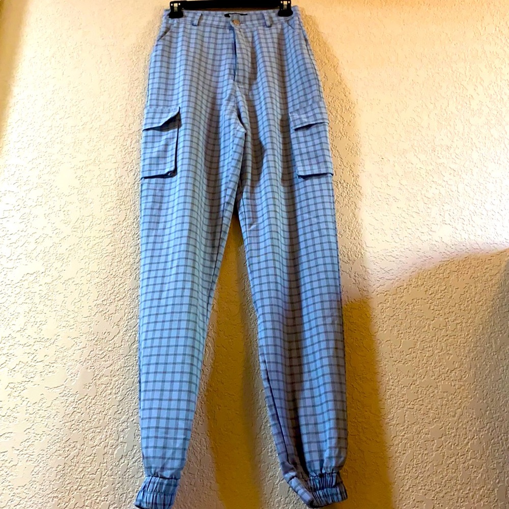 Missguided Blue Grid Plaid Cargo Joggers 90’s 2